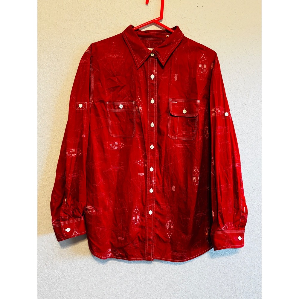 Lauren Ralph Lauren Red Nautical Blueprint Sailboat Button Down Shirt 2X LRL